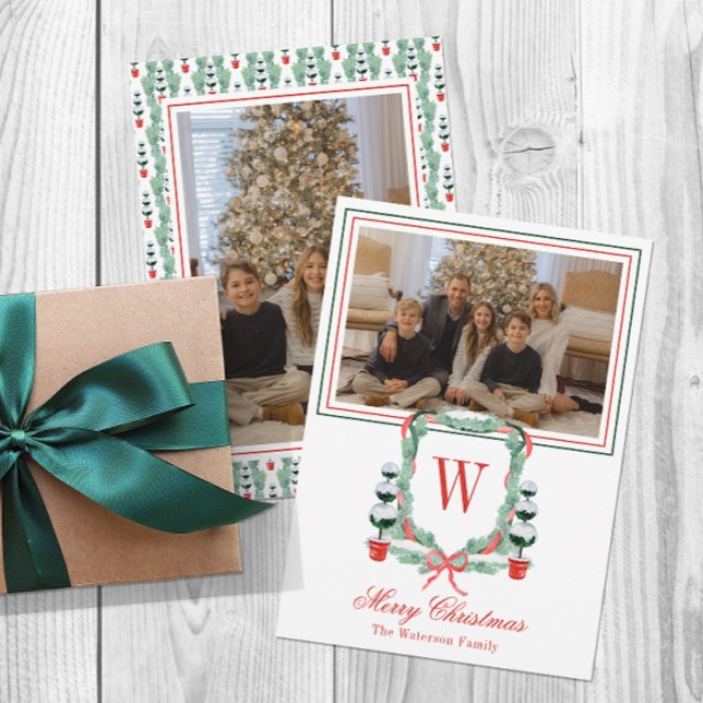 Watercolor Monogram Christmas Topiary Crest Photo Holiday Card (Creator Uploaded)
