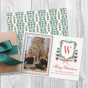 Watercolor Monogram Christmas Topiary Crest Photo Holiday Card