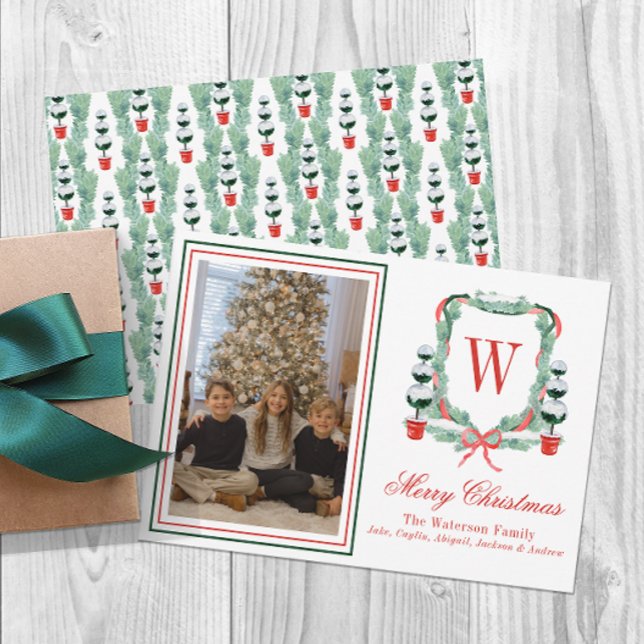 Watercolor Monogram Christmas Topiary Crest Photo Holiday Card (Creator Uploaded)