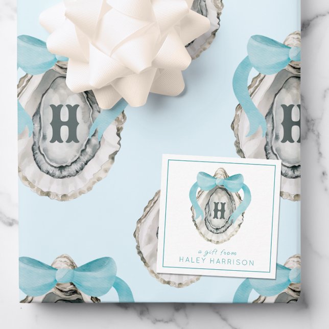 Watercolor Monogram Coastal Blue Bow Oyster Card (Creator Uploaded)