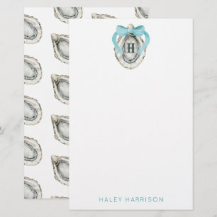 Watercolor Monogram Coastal Blue Bow Oyster Stationery