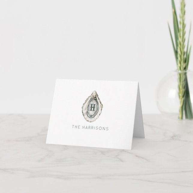 Watercolor Monogram Coastal Oyster Thank You Card (Front)