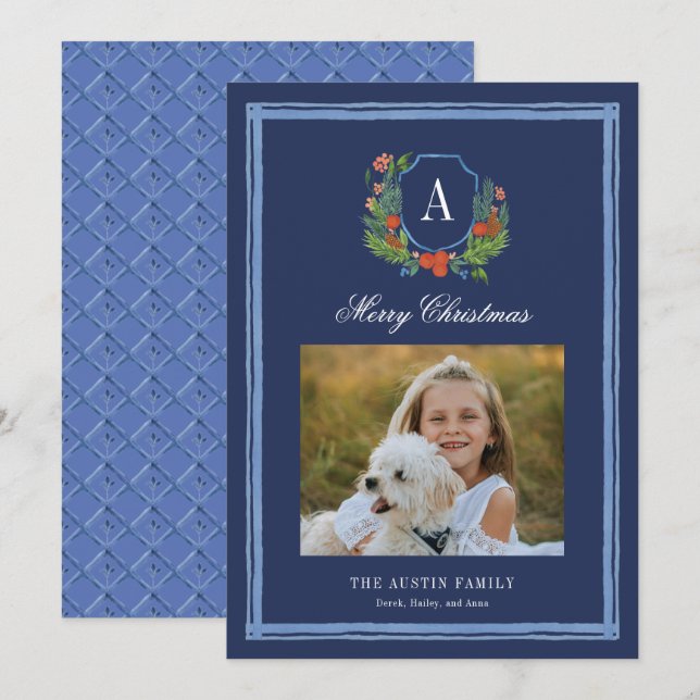 Watercolor Monogram Family Crest Christmas Holiday Card (Front/Back)
