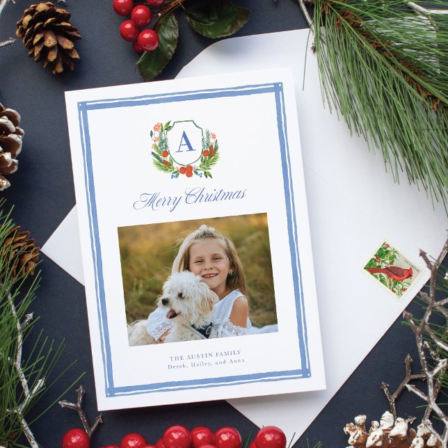 Watercolor Monogram Family Crest Christmas Holiday Card (A classic Christmas card featuring a family photo and a custom watercolor crest)
