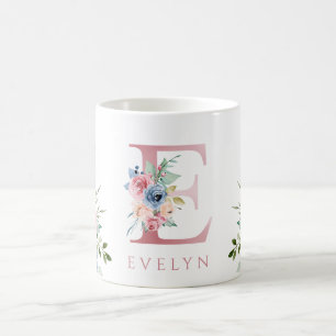 Watercolor Monogram Floral Letter E Coffee Mug