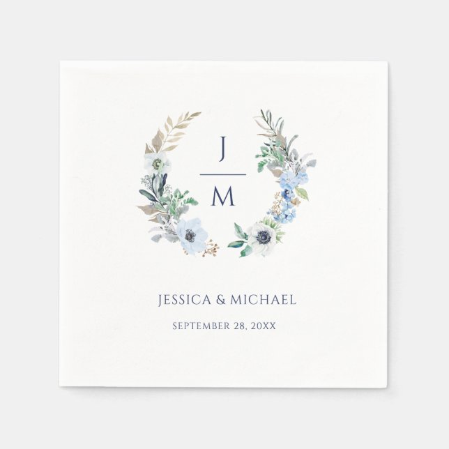 Watercolor Monogram Floral Wreath Anemone Wedding Napkin (Front)