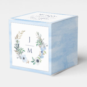 Watercolor Monogram Floral Wreath Blue Wedding Favour Box