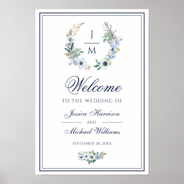 Watercolor Monogram Floral Wreath Wedding Welcome Poster (Front)