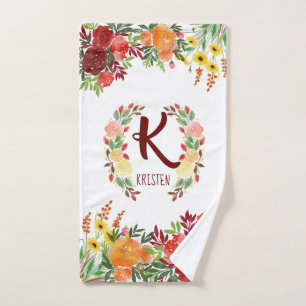 Watercolor Monogram Flower Rose Wreath Handpainted Hand Towel