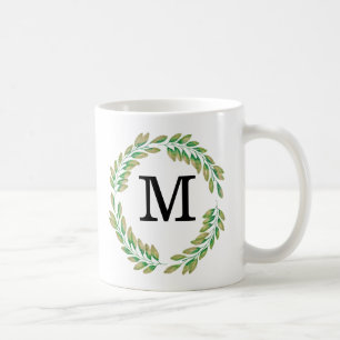 Watercolor Monogram Gold Green Leaves Wreath Coffee Mug
