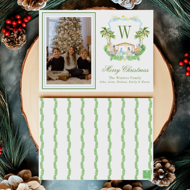 Watercolor Monogram Initial Nativity Crest Photo Holiday Card (Creator Uploaded)