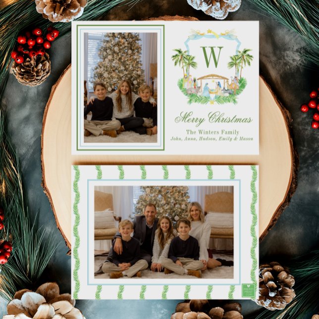 Watercolor Monogram Initial Nativity Crest Photo Holiday Card (Creator Uploaded)