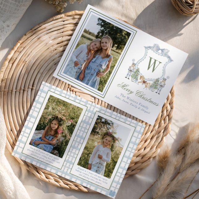 Watercolor Monogram Initial Nutcracker Crest Photo Holiday Card (Creator Uploaded)