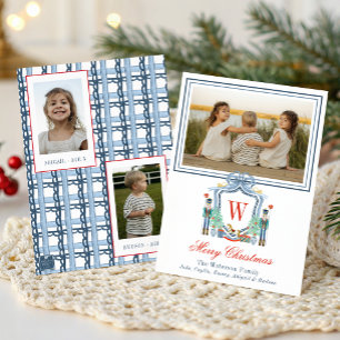 Watercolor Monogram Initial Nutcracker Crest Photo Holiday Card