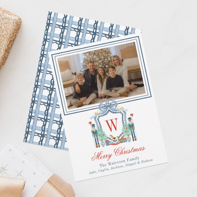 Watercolor Monogram Initial Nutcracker Crest Photo Holiday Card (Creator Uploaded)