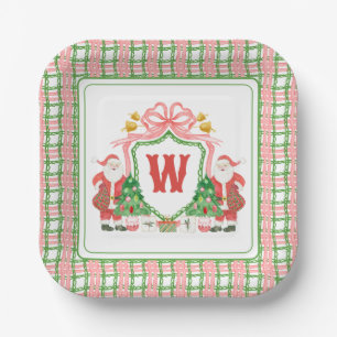 Watercolor Monogram Initial Plaid Santa Crest Paper Plate
