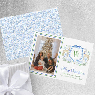Watercolor Monogram Initial Reindeer Crest Photo Holiday Card