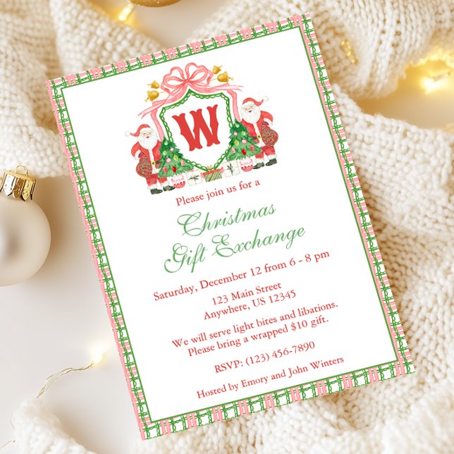 Watercolor Monogram Initial Santa Crest Christmas Invitation (Creator Uploaded)