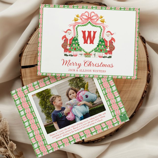 Watercolor Monogram Initial Santa Crest Photo Holiday Card (Creator Uploaded)