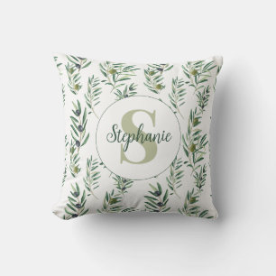 Watercolor Monogram Name Olive Branches Pattern Cushion