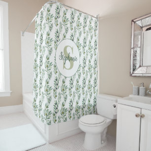 Watercolor Monogram Name Olive Branches Pattern Shower Curtain