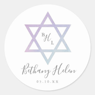 Watercolor Monogram Ombré Bat Mitzvah Classic Round Sticker