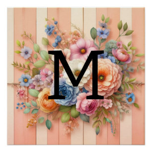 Watercolor monogram pastels flowers on orange wood poster