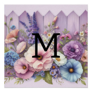 Watercolor monogram pastels flowers on purple wood poster