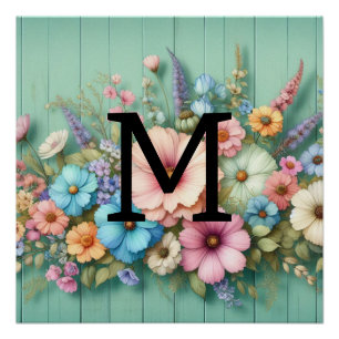 Watercolor monogram pastels flowers on teal wood poster