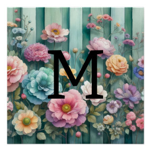 Watercolor monogram pastels flowers on teal wood poster
