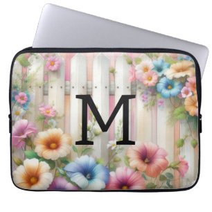 Watercolor monogram pastels flowers on white wood laptop sleeve