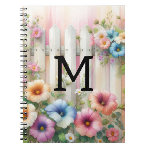 Watercolor monogram pastels flowers on white wood notebook