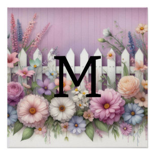 Watercolor monogram pastels flowers on white wood poster