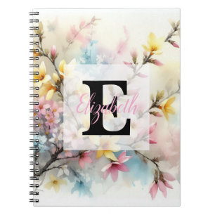 Watercolor monogram pink yellow Spring flowers Notebook