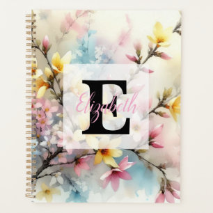 Watercolor monogram pink yellow Spring flowers Planner