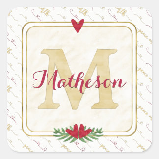 Watercolor Monogram Red and Gold Typography Square Sticker