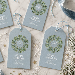 Watercolor Monogram Script Photo Flat Holiday Card Gift Tags