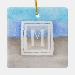 Watercolor Monogram Sea & Sand Blue and Tan Ceramic Tree Decoration