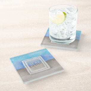 Watercolor Monogram Sea & Sand Blue and Tan Glass Coaster