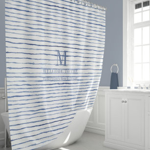 Watercolor Monogram Striped Blue White Beach Decor Shower Curtain