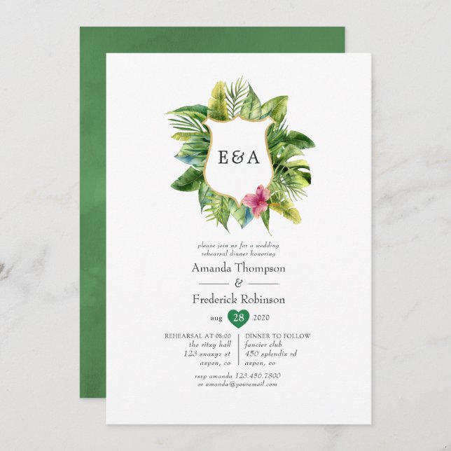 Watercolor Monogram Tropical Summer Beach Wedding Invitation (Front/Back)