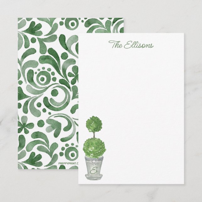 Watercolor Monogrammed Topiary Note Cards (Front/Back)