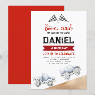 Watercolor Monster Truck 1st Birthday Invitation