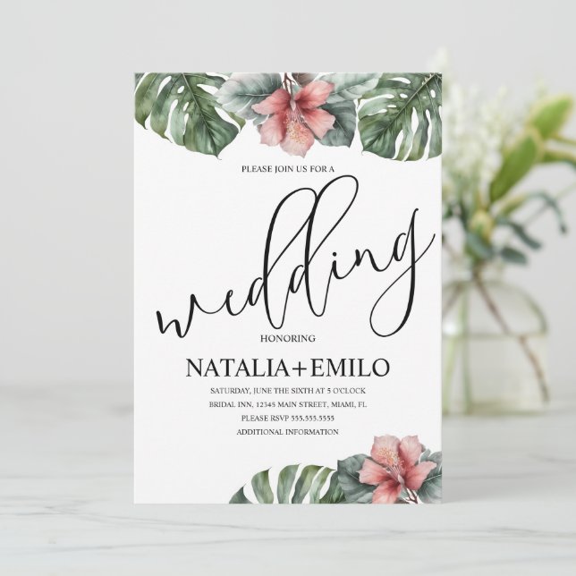 Watercolor Monstera Branch Greenery Wedding Invitation (Standing Front)
