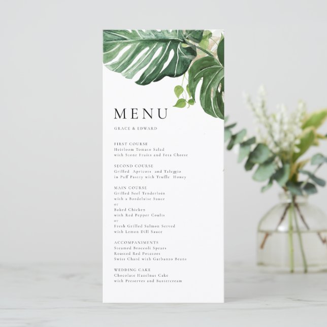 Watercolor Monstera Greenery Tropical Wedding Menu (Standing Front)