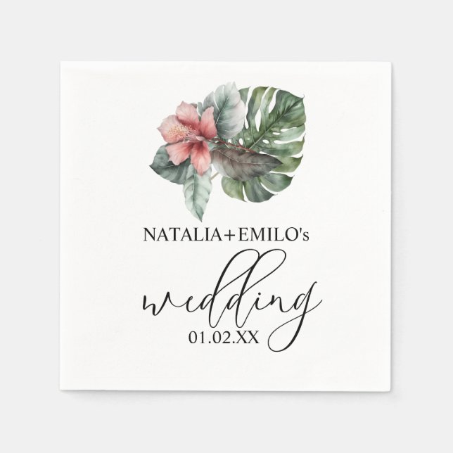 Watercolor Monstera Leaf Floral Wedding Napkin (Front)