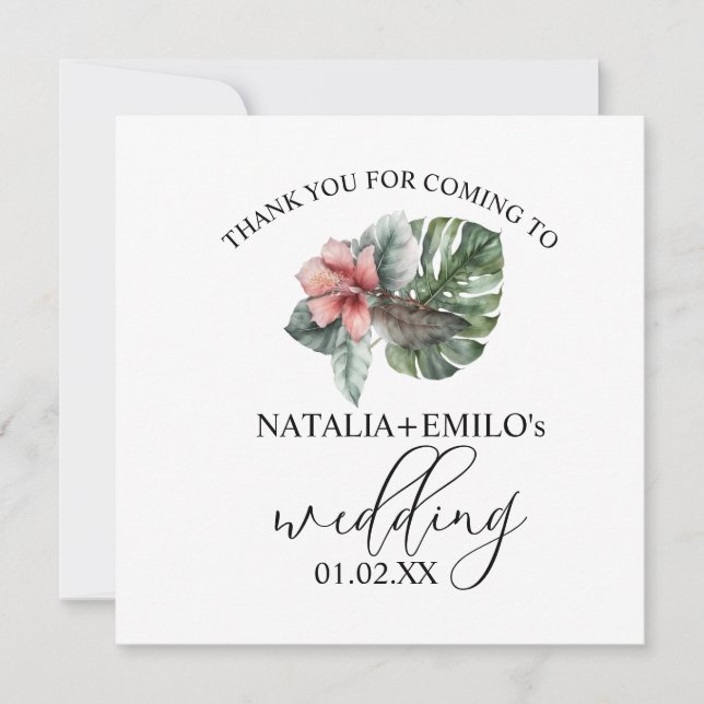 Watercolor Monstera Leaf Floral Wedding Thank You Invitation (Front)