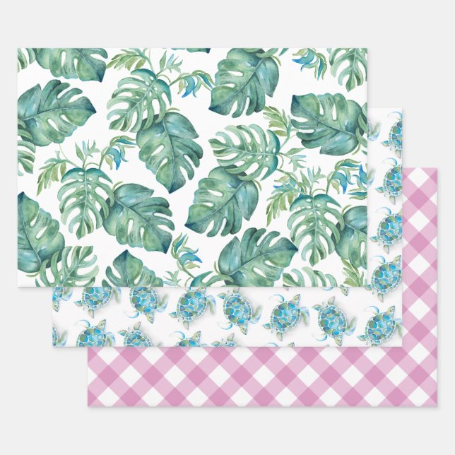 Watercolor Monstera Leaves and Sea Turtle Wrapping Paper Sheet (Set)