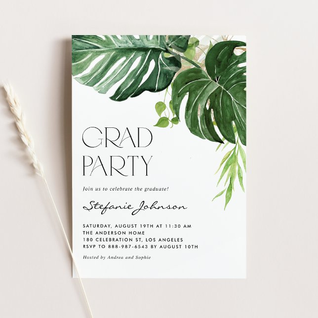 Watercolor Monstera Leaves Summer Graduation Invitation (Creator Uploaded)