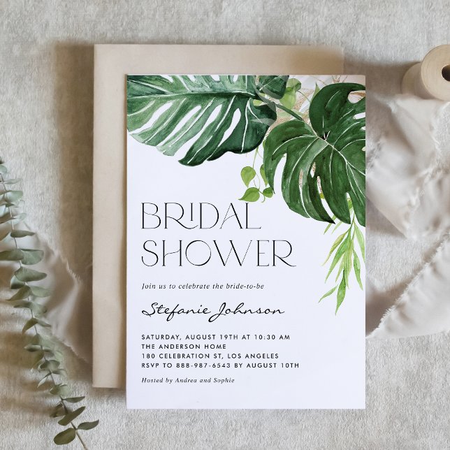 Watercolor Monstera Leaves Tropical Bridal Shower Invitation (Creator Uploaded)